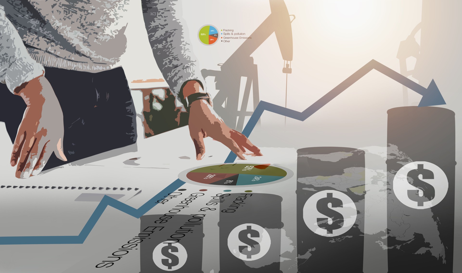 Hands, graphs and statistics of oil price, fracking and business infographics. Chart, data and market for crude fuel, information on stock investment and finance trading for profit on generative ai