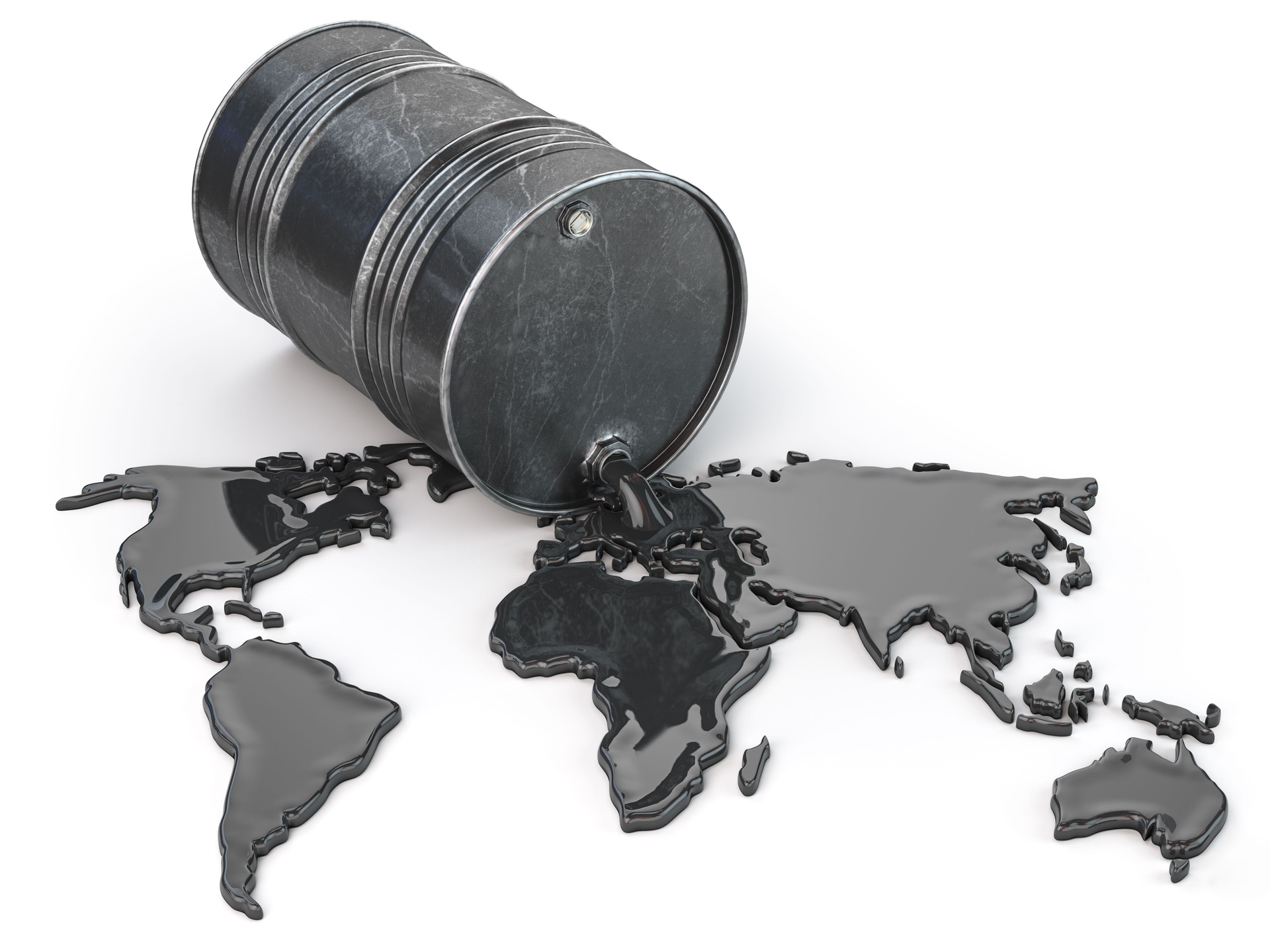 Oil barrel with spilled oil in form of map of the world isolated on white. World oil industry concept.